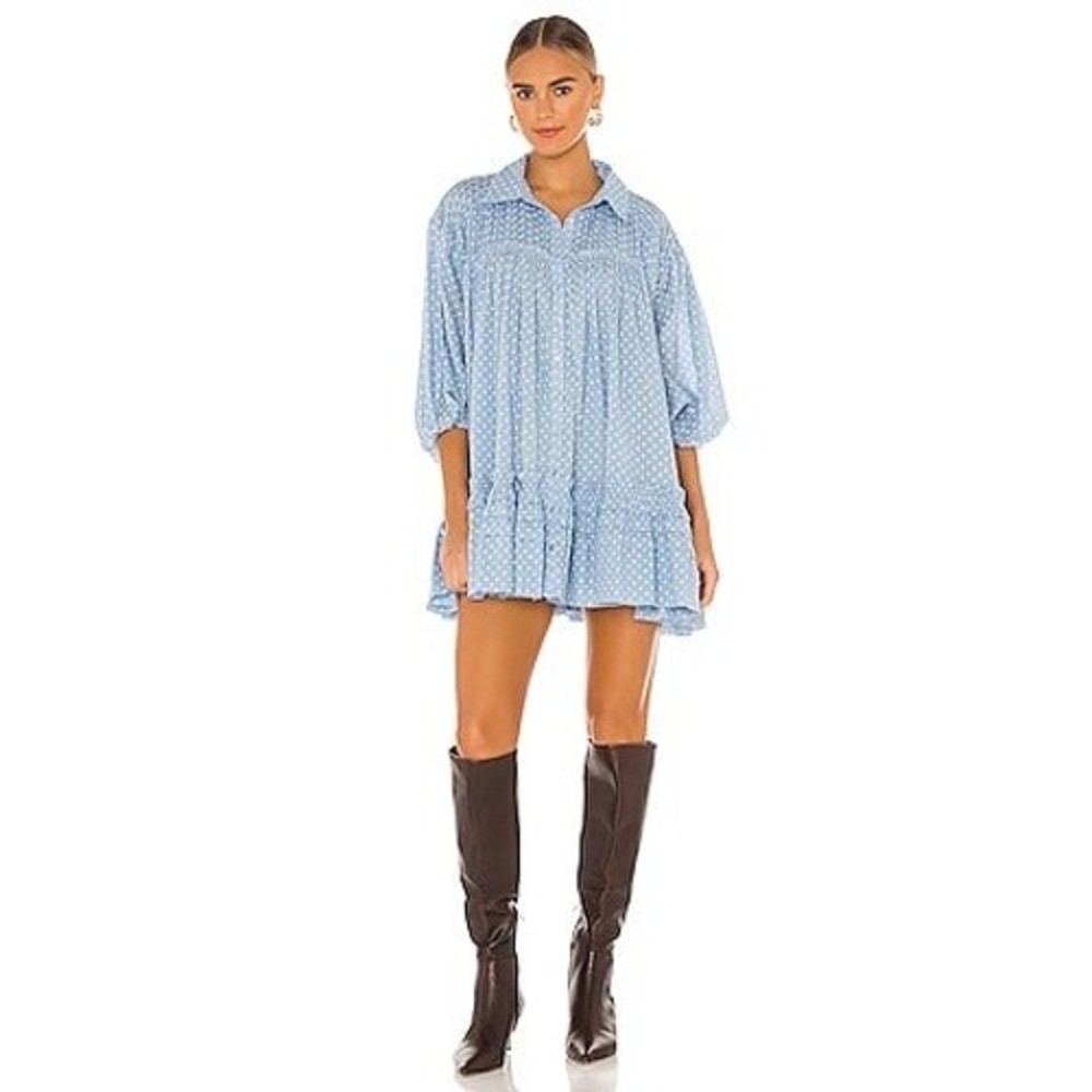Free People Full Swing Boho Cottage Mini Dress Small Pintuck Ruffle Button Front